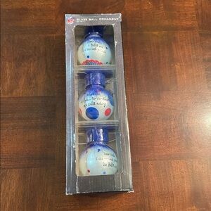 NFL Buffalo Bills 3 Glass Ornament Balls with Team Colors Matching Feathers